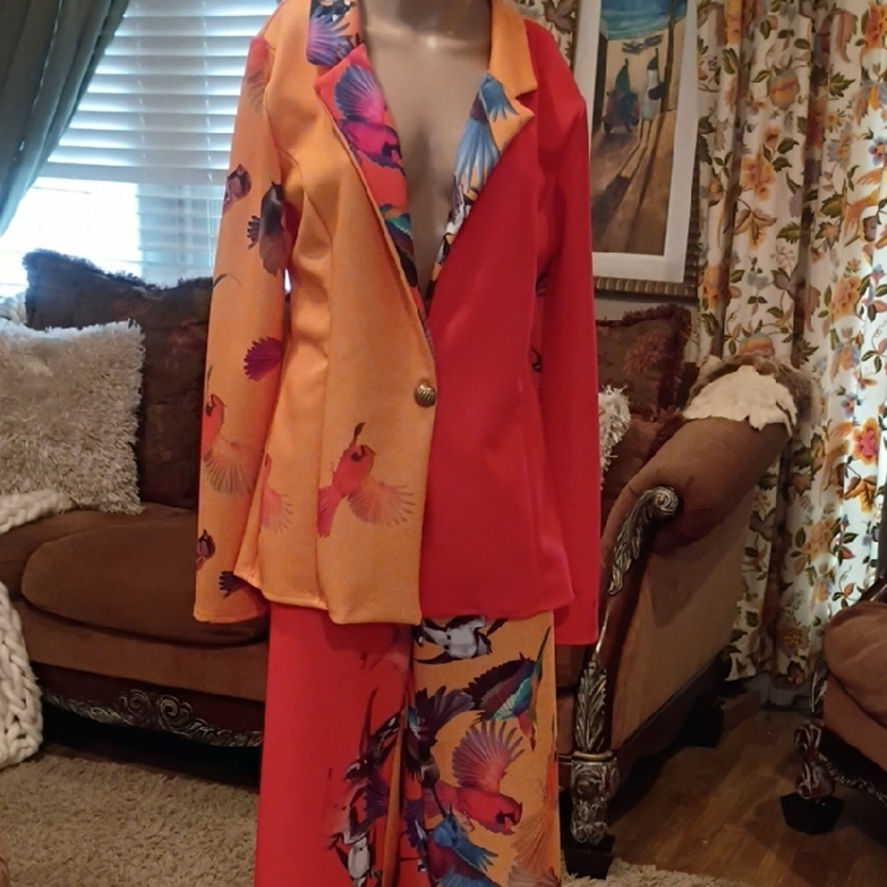 Vibrant Bird Print Blazer and Pants Set
